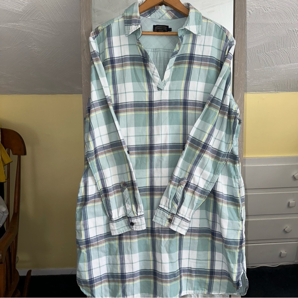 Pendleton Popover Shirt Dress Womens Light Blue Plaid Cotton 3/4 Sleeves L Tunic - Picture 1 of 11